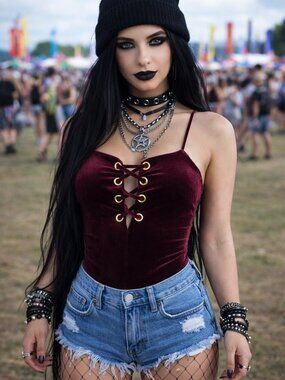 Y2K Burgundy Stretch Velvet Lace-Up Thong Bodysuit Small Goth Festival Rave